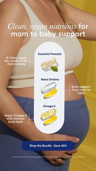 A 9:16 vertical mobile ad showcasing prenatal vitamin pills with clear benefit labels against a model for trust and clarity.